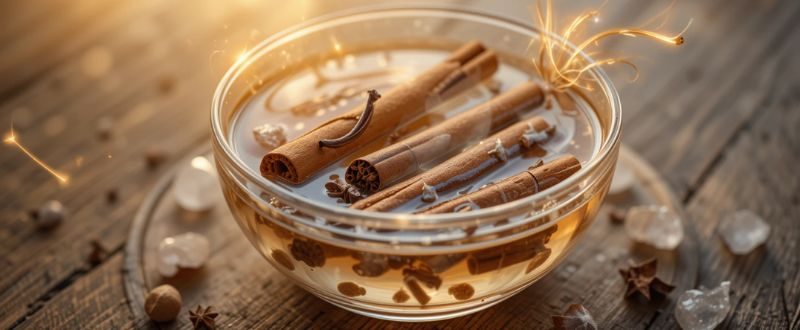 Água com canela e cravo em infusão, cercada por aura dourada.