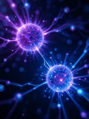 Visualização de entrelaçamento quântico com duas partículas conectadas por luz, representando Experimentos Quânticos e Consciência.