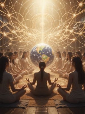 Grupo meditando ao redor de um globo com ondas de luz, ilustrando Experimentos Quânticos e Consciência coletiva.