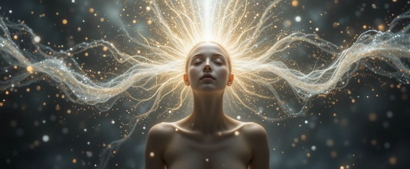 Pessoa meditando com partículas colapsando em luz, representando Experimentos Quânticos e Consciência criando a realidade.