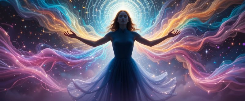 Pessoa cercada por ondas de energia coloridas, simbolizando a Lei da Vibração e da Atração.