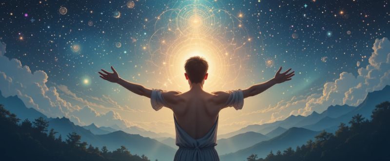 Pessoa abraçando o momento presente sob um céu estrelado, simbolizando aceitação e despertar espiritual.