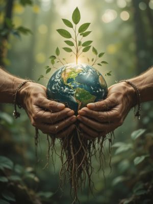 Raízes interligadas e mãos segurando a terra, simbolizando a interconexão revelada pela ayahuasca.