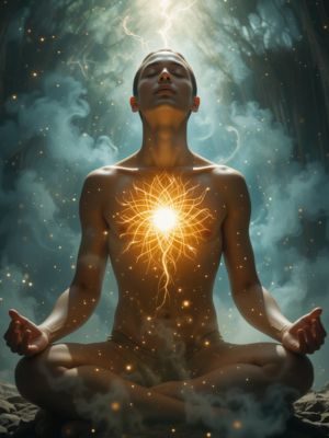 Pessoa liberando luz do peito durante meditação, simbolizando cura emocional e espiritual com ayahuasca.