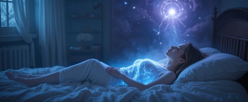 Corpo energético flutuando acima do corpo físico em início de projeção astral.