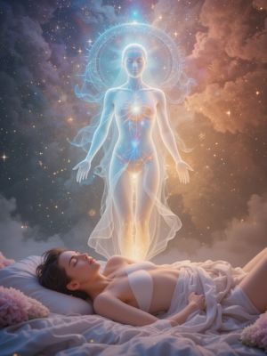 Corpo astral flutuando acima do corpo físico durante projeção astral.