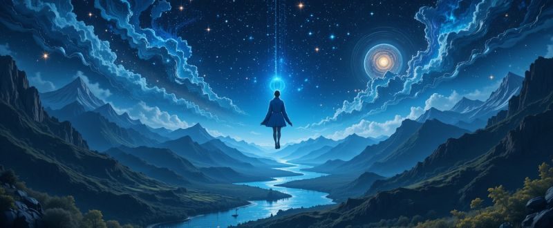 Pessoa em projeção astral voando sobre paisagem estrelada.