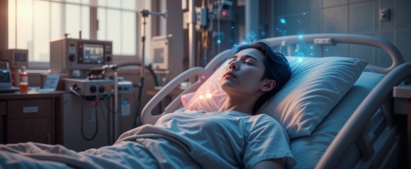 Pessoa em leito hospitalar com luz suave ao redor, simbolizando início de experiência de quase morte.