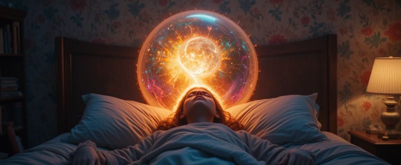 Pessoa deitada na cama com uma bolha de sonho brilhante acima da cabeça, mostrando uma cena vívida.