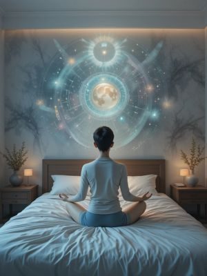 Mão escrevendo em um diário de sonhos sobre o criado-mudo, com luz da manhã entrando pela janela.