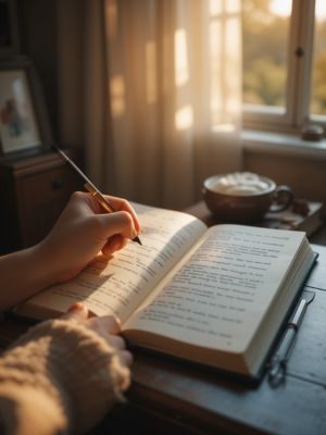 Pessoa meditando em um quarto sereno, com imagens de sonhos flutuando ao redor, em cores suaves.