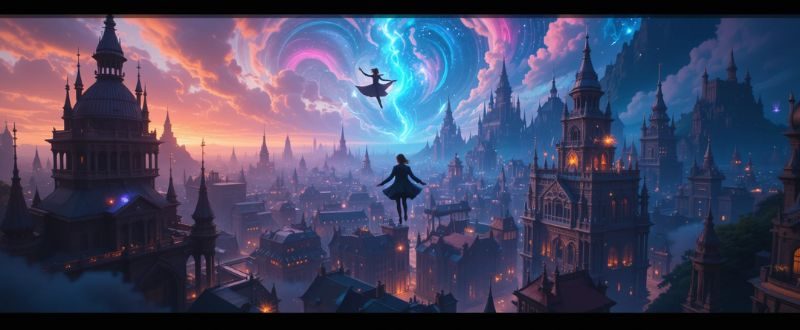 Cena vívida de sonho lúcido com uma pessoa voando sobre uma cidade fantástica, céu colorido e atmosfera mágica.