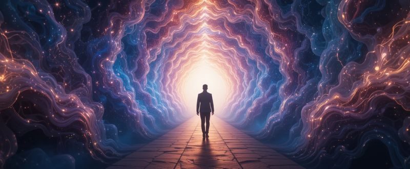 Pessoa atravessando um túnel de luz representando o início de uma profunda transformação psicológica após uma EQM.