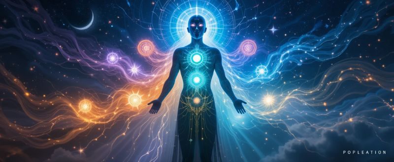 Silhueta humana com sete camadas energéticas brilhantes, flutuando no espaço.