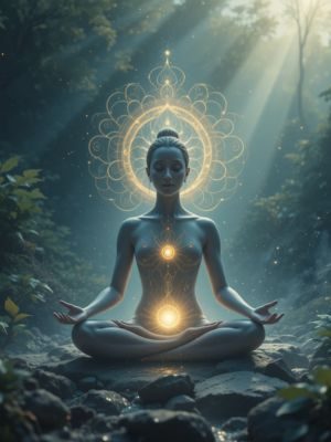 Figura meditativa envolta em luz serena, simbolizando o silêncio interior.