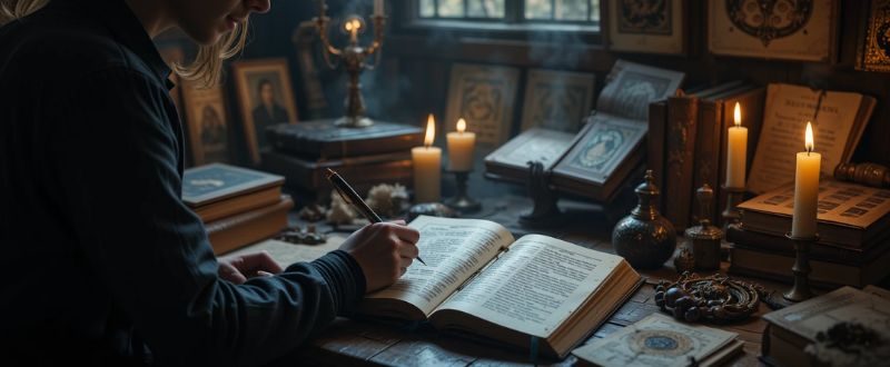 Pessoa escrevendo em um diário espiritual à luz de velas, cercada por livros antigos.