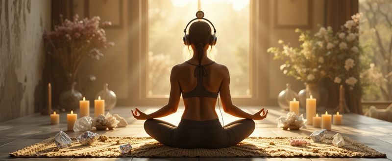 Pessoa meditando com fones em prática de Sons na Cura Vibracional.