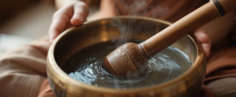 Mãos tocando tigela tibetana em prática de Sons na Cura Vibracional.