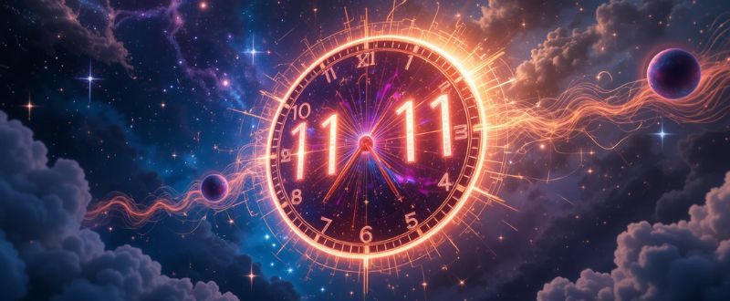 Relógio surreal com 11:11 flutuando no céu com galáxias ao redor, simbolizando sincronicidades.