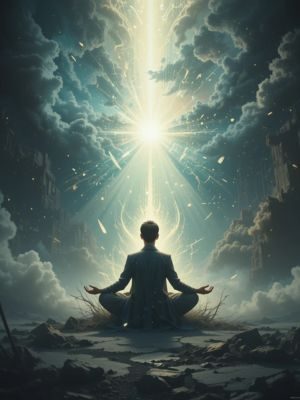 Pessoa calma em meio ao caos com luz brilhante ao redor, simbolizando paz interior.