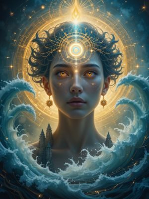 Pessoa com terceiro olho brilhante, rodeada de energia e elementos da natureza, simbolizando sensibilidade espiritual.