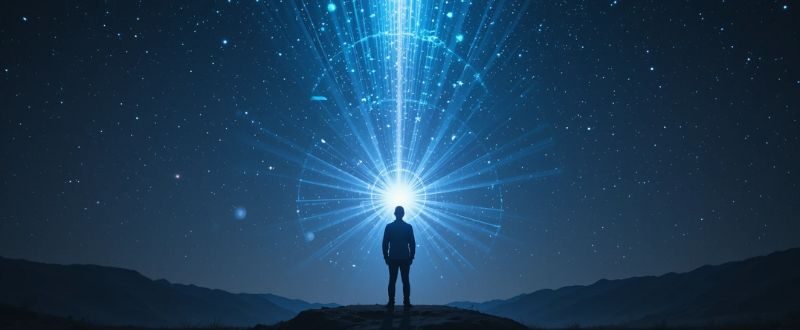 Ser estelar radiante saúda um humano sob o céu estrelado, em conexão cósmica.