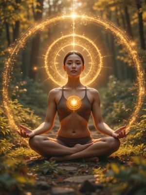 Pessoa sentada com aura luminosa em meio à natureza, representando meditação para autoconhecimento.