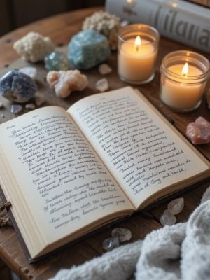 Caderno aberto com reflexões escritas, vela e cristais, representando práticas de meditação para autoconhecimento.