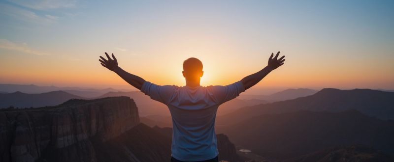 Pessoa de braços abertos ao nascer do sol em um penhasco, simbolizando os benefícios da meditação para autoconhecimento.