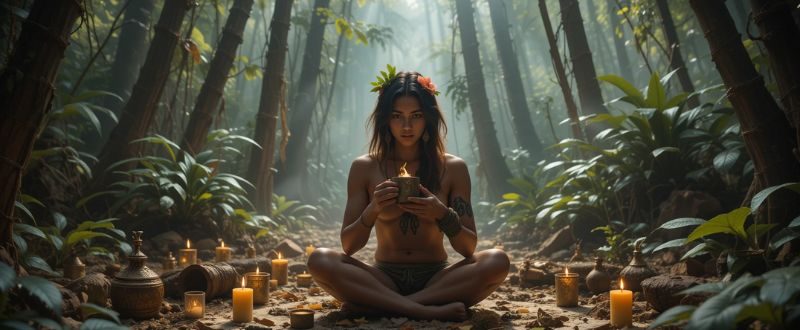 Pessoa em cerimônia de Ayahuasca na floresta, segurando o copo, representando os Benefícios da Ayahuasca para Cura Interior.