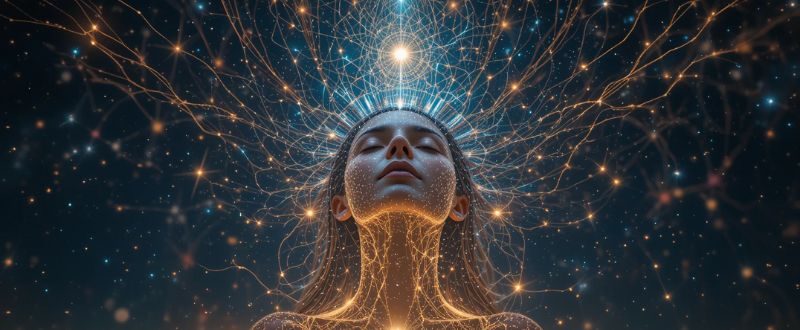 Pessoa em paz conectada com o universo, ilustrando os Benefícios da Ayahuasca para Cura Interior e unidade com o todo.