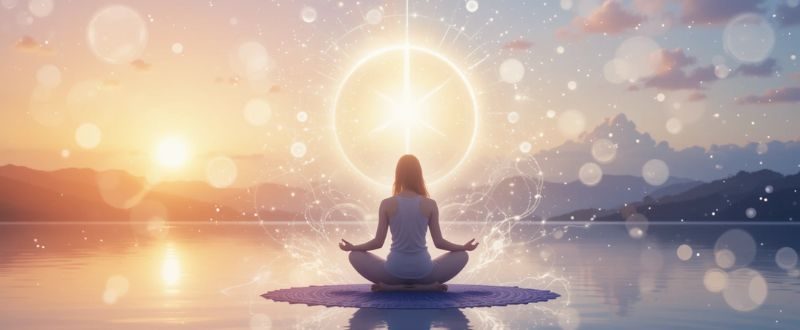 Pessoa meditando ao nascer do sol com energia fluindo, simbolizando o início da jornada de manifestação.