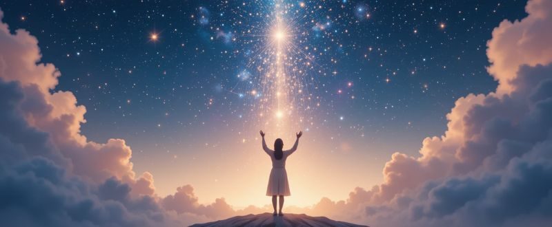 Pessoa soltando seus desejos ao universo sob um céu estrelado.