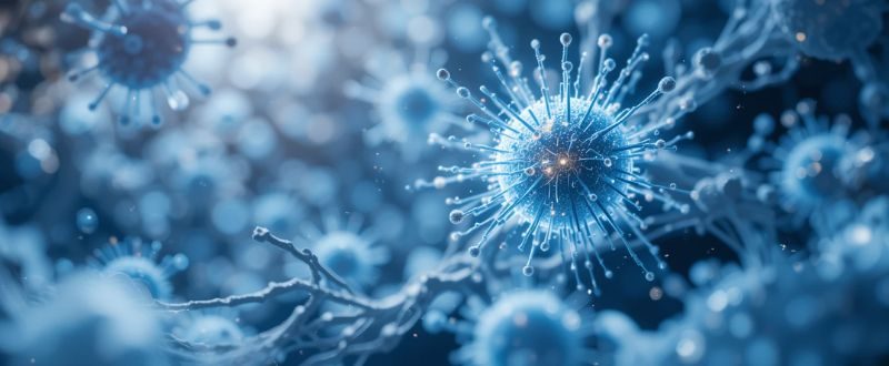 Visualização microscópica de células com luz simbolizando oração fortalecendo o sistema imunológico.
