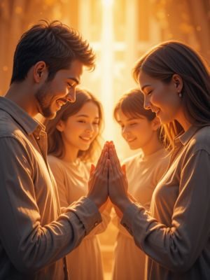 Família orando de mãos dadas com luz suave simbolizando cura emocional.