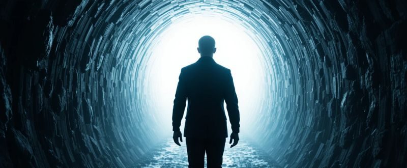 Túnel de luz brilhante com silhueta caminhando durante experiência de quase morte.