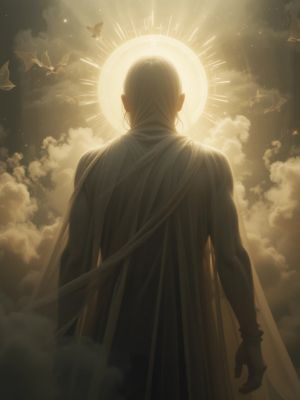 Pessoa retornando ao corpo cercada de luz após experiência de quase morte.