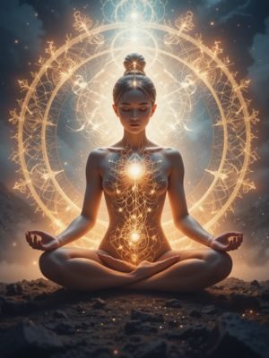 Pessoa meditando com luz brilhante ao redor em preparação para sonhos lúcidos.