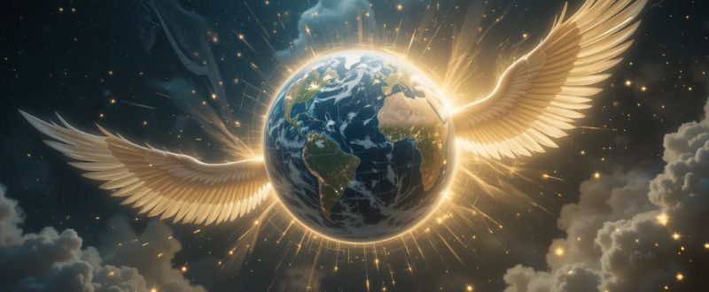 Anjos e Arcanjos protegendo a Terra com luz brilhante.