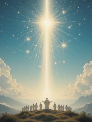 Mestres Ascensionados e Seres Estelares iluminando pessoas com feixes de luz.