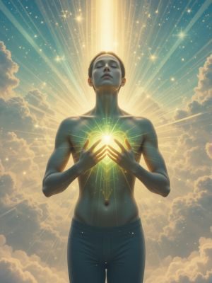 Pessoa recebendo luz no coração enviada por Seres de Luz no céu.