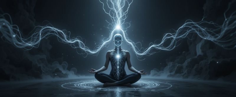 Pessoa meditando em um quarto escuro, com forma espiritual conectada ao corpo por um cordão de prata.