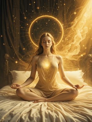 Figura espiritual retornando suavemente ao corpo físico, envolta por luz dourada.