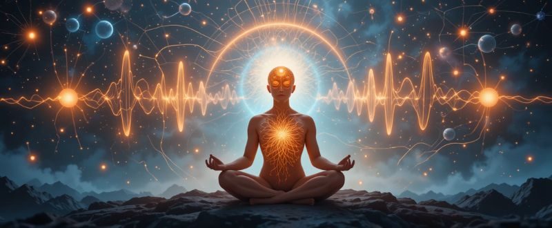 Pessoa meditando com ondas cerebrais brilhantes e fundo cósmico, representando os benefícios científicos da meditação.