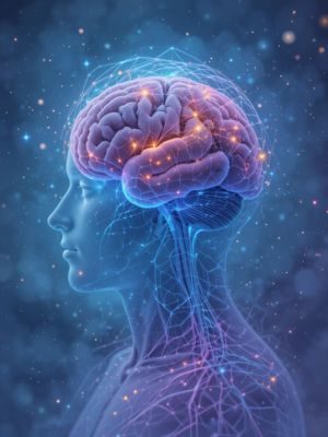 Ilustração do cérebro humano com áreas iluminadas durante a meditação, mostrando neuroplasticidade.
