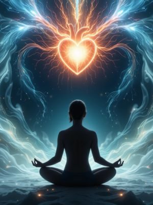 Pessoa meditando com coração brilhante e ondas de energia suaves, simbolizando saúde cardiovascular.
