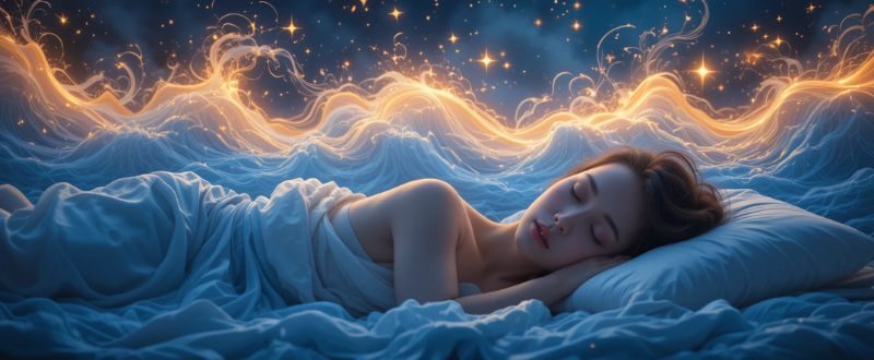 Pessoa dormindo com ondas de sonho brilhantes, simbolizando sono de qualidade.