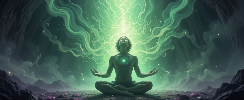 Pessoa liberando bloqueios emocionais com luz fluindo durante cerimônia de ayahuasca.
