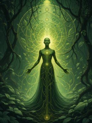 Pessoa unindo-se à natureza com folhas luminosas ao redor, simbolizando unidade e expansão espiritual.