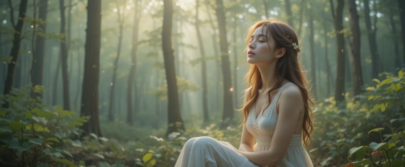 Mulher meditando em silêncio na floresta, em conexão com a intuição.